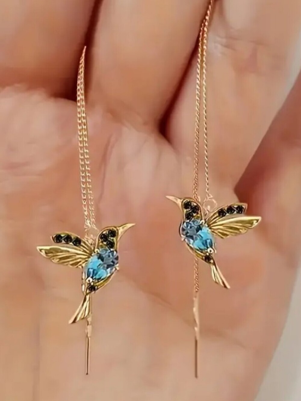 Elegant Gold Hummingbird Earrings with Blue body and black wing Accents